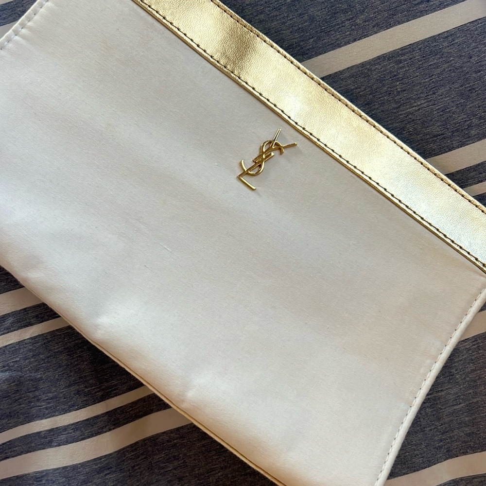 Yves Saint Laurent White Satin Clutch with Gold Accent - Picture 8 of 10